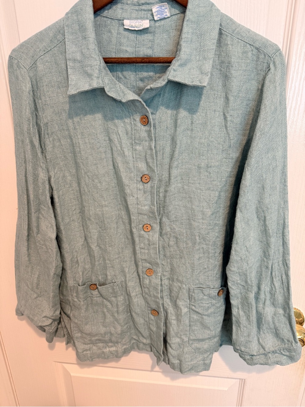 Sigrid Olsen 100% Linen Utility Jacket L Aqua Blue Coastal Button Front Pockets